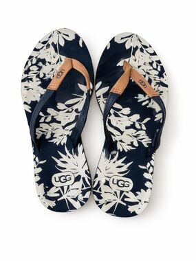 UGG Floral Flip Flops Navy White Leather Strap Summer Beach Sandals W5